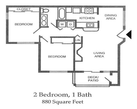 Floor plan for 2 beds, 1 bath, 880 sqft